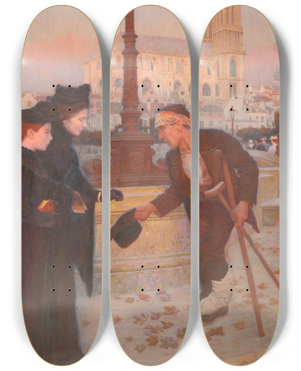 Triptych art skateboard deck of Adolphe Binet Le Denier De La Veuve by Adolphe Binet (1854-1897)