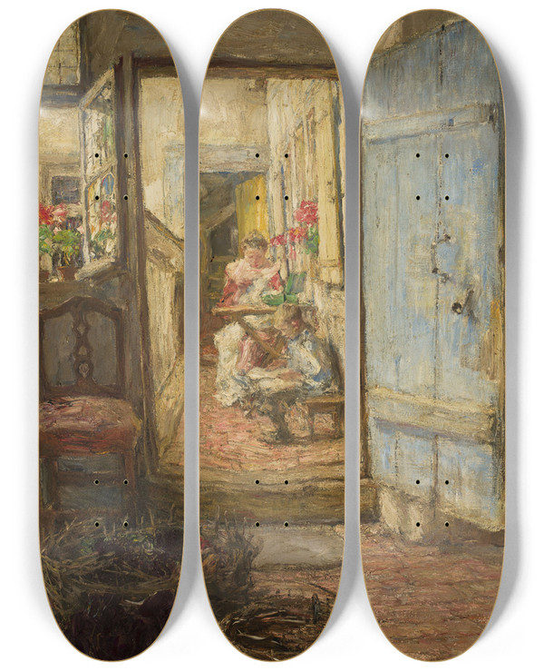 Triptych art skateboard deck of Gotthardt Kuehl Blue Door by Gotthardt Kuehl (1850-1915)
