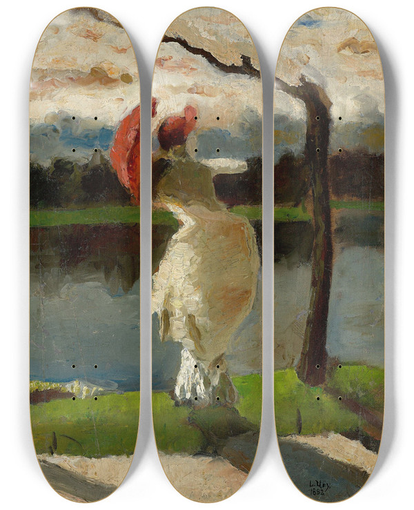 Triptych art skateboard deck of Lesser Ury Dame Mit Sonnenschirm Am Ufer Der Loire by Lesser Ury (1861-1931)