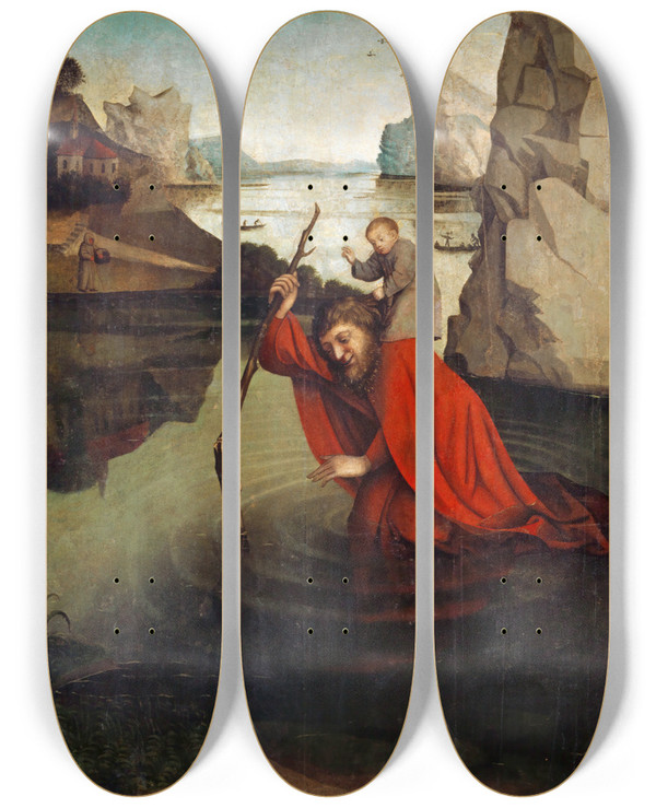 Triptych art skateboard deck of Konrad Witz Saint Christopher by Konrad Witz (1410-1446)