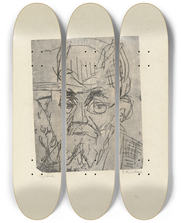 Triptych art skateboard deck of Ernst Ludwig Kirchner Kopf Prof E K by Ernst Ludwig Kirchner (1880-1938)