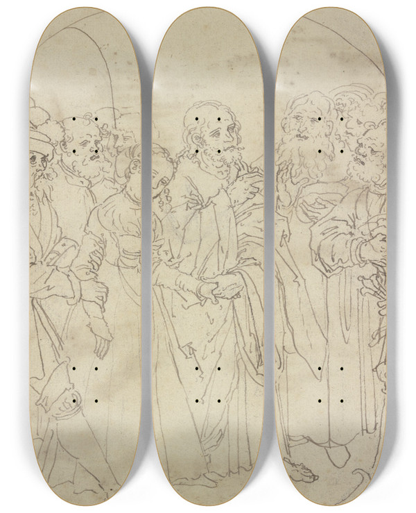 Triptych art skateboard deck of Lucas Cranach The Elder Christus Und Die Ehebrecherin by Lucas Cranach The Elder (1472-1553)