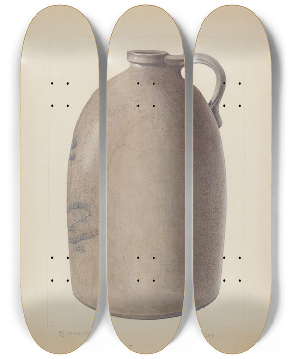 Triptych art skateboard deck of Wilford H Shurtliff Stone Jug by Wilford H Shurtliff