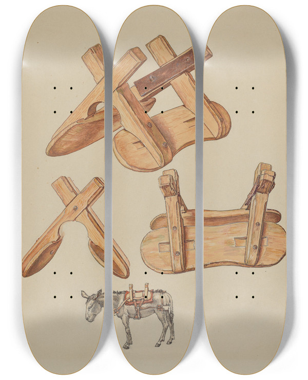 Triptych art skateboard deck of American 20Th Century Unrigged Pack Saddle by American 20Th Century
