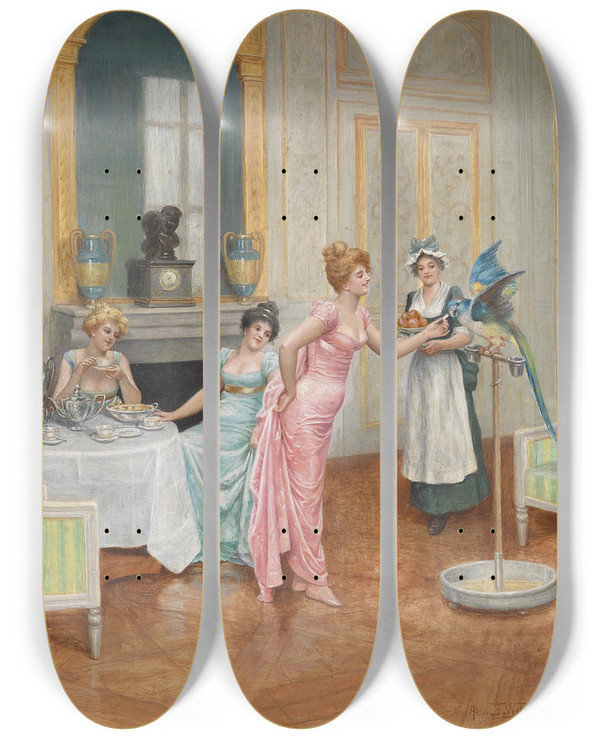 Triptych art skateboard deck of Arnold Willms The Parrot by Arnold Willms (1860-1900)