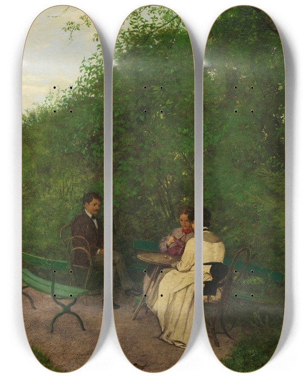Triptych art skateboard deck of Hans Thoma Im Garten by Hans Thoma (1839-1924)