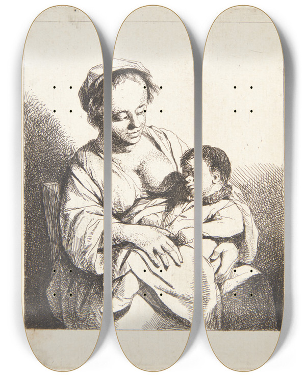 Triptych art skateboard deck of Cornelis Pietersz Bega En Mor Med Sit Barn by Cornelis Pietersz Bega (1631-1664)