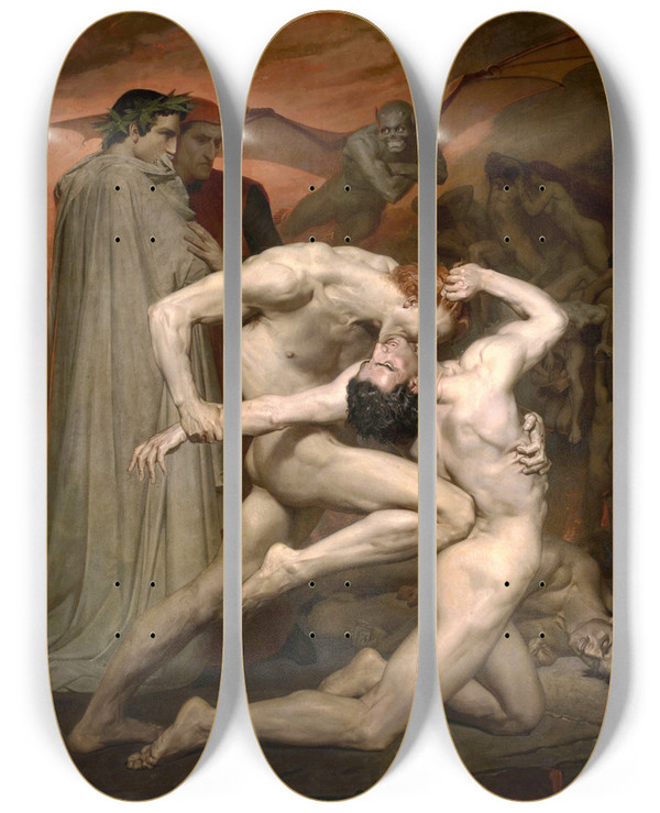 Triptych art skateboard deck of William Bouguereau Dante And Virgil In Hell by William Bouguereau (1825-1905)