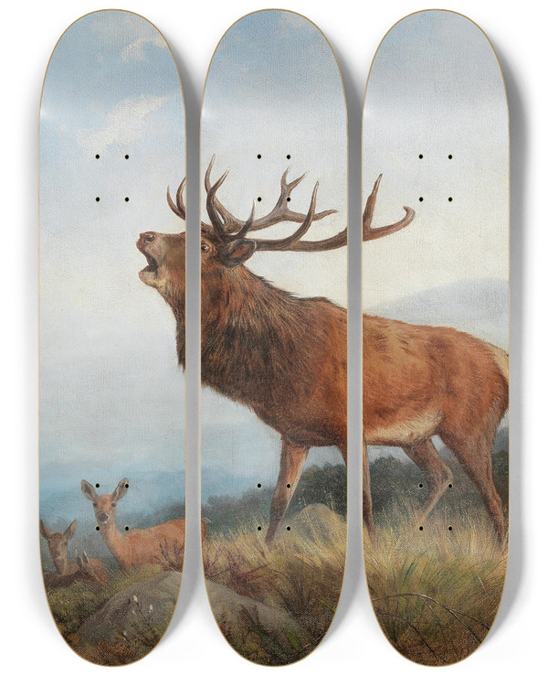 Triptych art skateboard deck of Carl Friedrich Deiker A Bellowing Stag by Carl Friedrich Deiker (1836-1892)