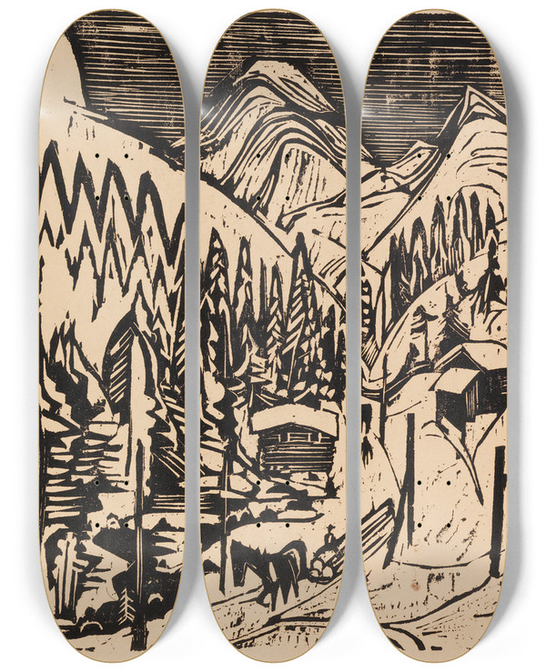 Triptych art skateboard deck of Ernst Ludwig Kirchner Sertigstrae Im Winter by Ernst Ludwig Kirchner (1880-1938)