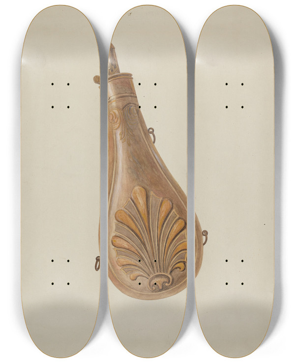 Triptych art skateboard deck of American 20Th Century Powder Flask by American 20Th Century