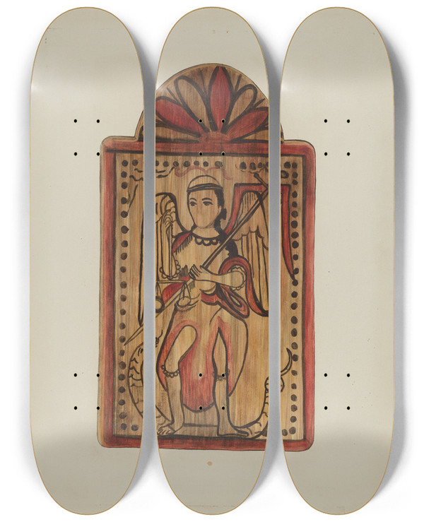 Triptych art skateboard deck of Margery Parish Santo St Michael by Margery Parish
