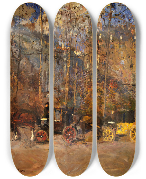 Triptych art skateboard deck of Frank Edwin Scott Cabs by Frank Edwin Scott (1863-1929)