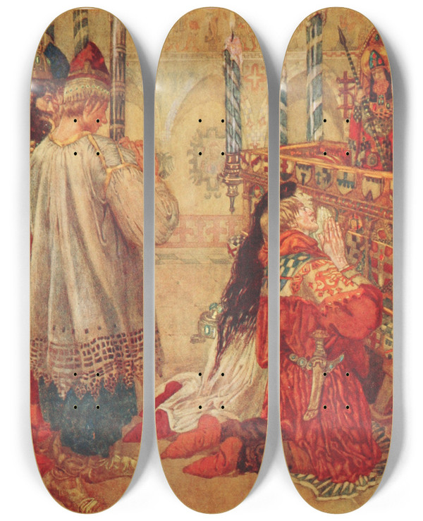 Triptych art skateboard deck of Noel Nisbet They Were Both On Their Knees by Noel Nisbet (1887-1956)