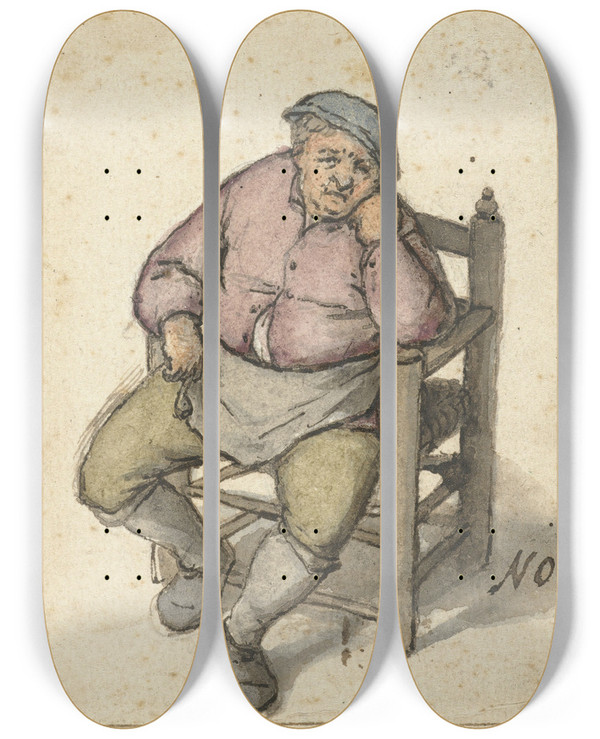 Triptych art skateboard deck of Adriaen Van Ostade Seated Man With A Pipe by Adriaen Van Ostade (1610-1684)