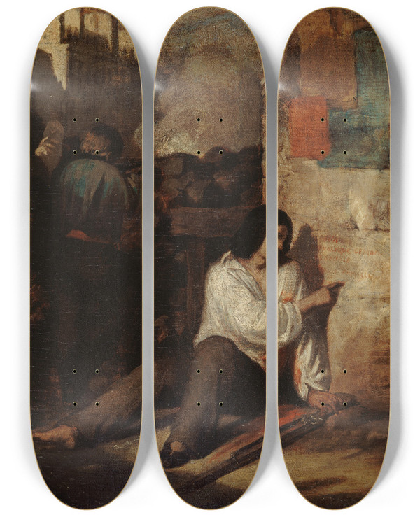 Triptych art skateboard deck of Antoine Johannot Pisode De La Rvolution De 1848 by Antoine Johannot (1803-1852)