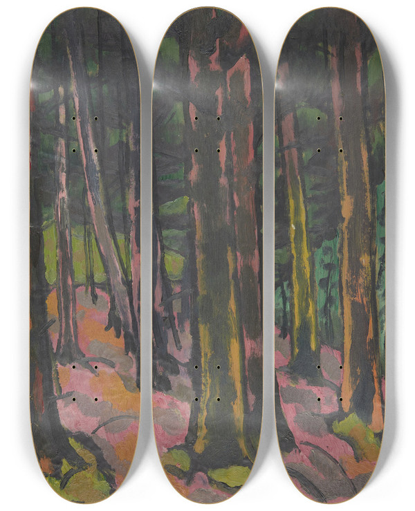 Triptych art skateboard deck of Johann Walterkurau Study Of Trees by Johann Walter-Kurau (1869-1932)