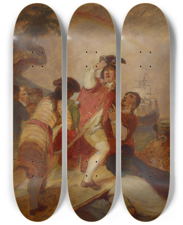 Triptych art skateboard deck of Thomas Sully Robinson Crusoe And His Man Friday Leave The Island by Thomas Sully (1783-1872)