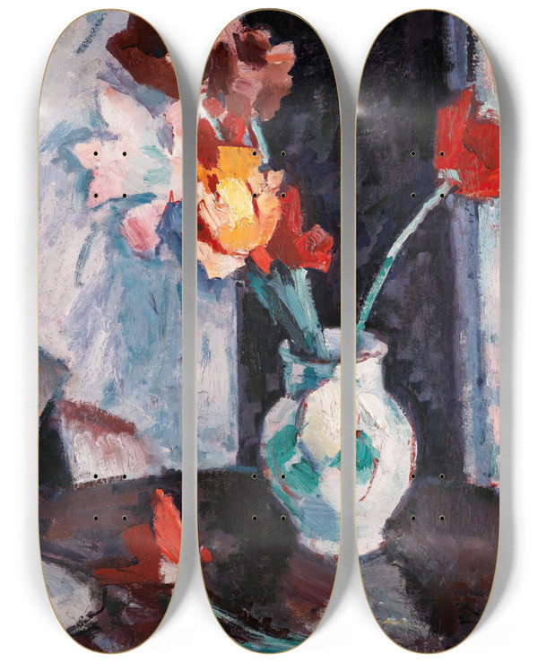 Triptych art skateboard deck of Samuel John Peploe Tulips In A White Vase by Samuel John Peploe (1871-1935)