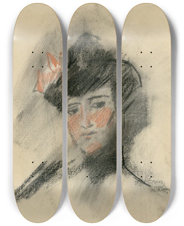 Triptych art skateboard deck of Isaac Israls Hoofd Van Jonge Vrouw by Isaac Israels (1865-1934)