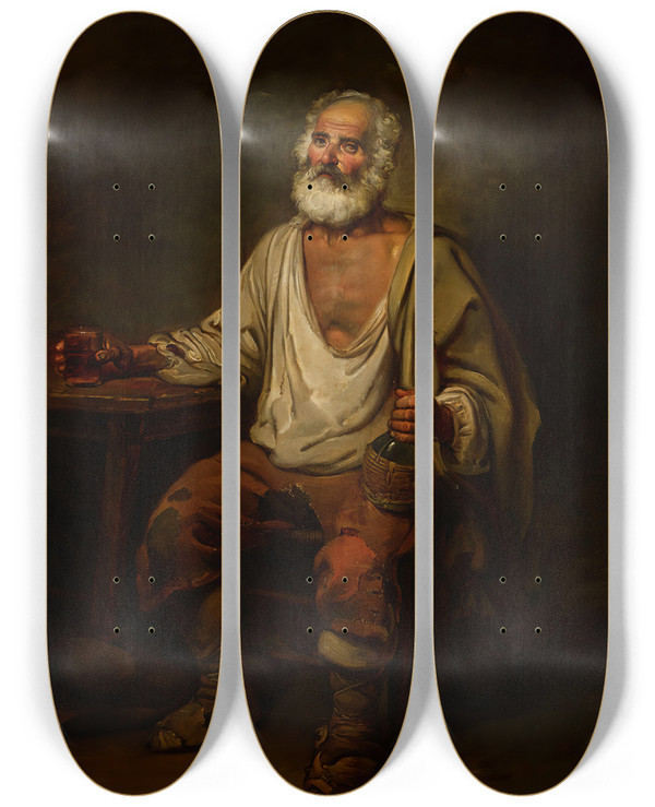 Triptych art skateboard deck of Alexander Laurus Man Drinking Wine by Alexander Laureus (1783-1823)