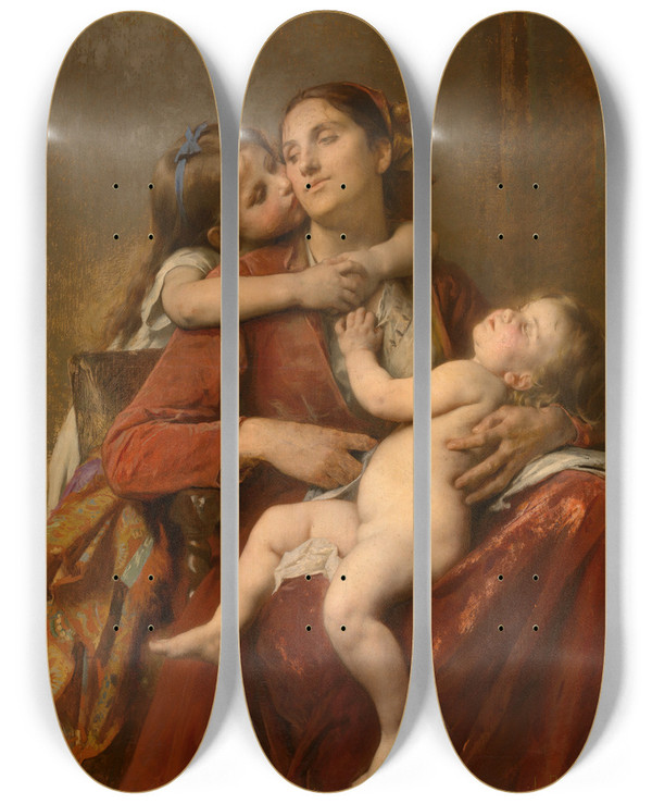 Triptych art skateboard deck of Lonjeanbasile Perrault Mothers Happiness by Lon-Jean-Basile Perrault (1832-1908)