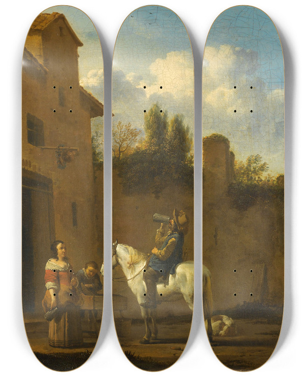 Triptych art skateboard deck of Karel Dujardin Mounted Trumpeter Taking A Drink by Karel Dujardin (1622-1678)