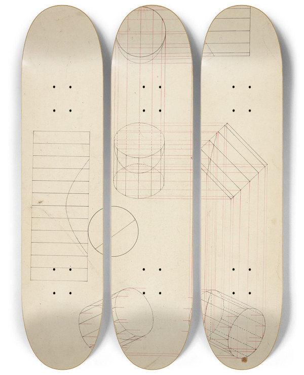 Triptych art skateboard deck of Anna Lejmann Geometriske Konstruktioner by Anna Lejmann