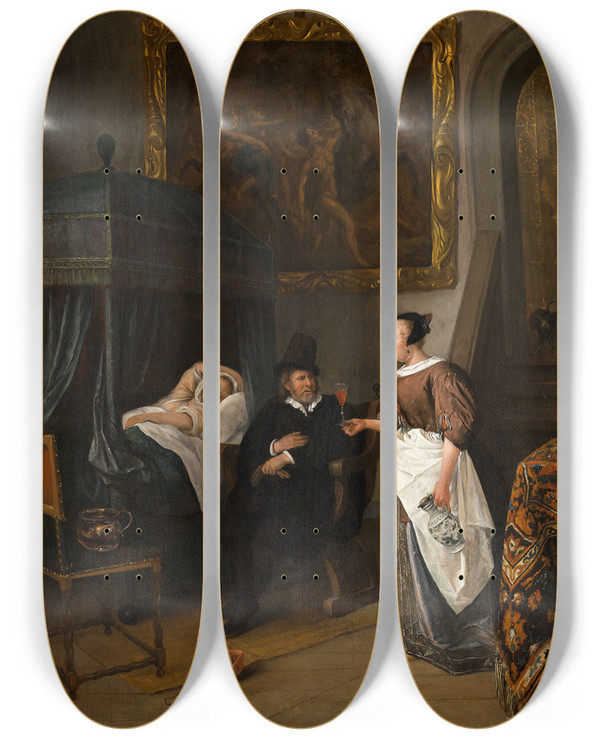 Triptych art skateboard deck of Jan Steen The Doctors Visit by Jan Steen (1626-1679)