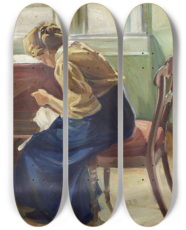 Triptych art skateboard deck of Edvard Weie Interir Med Siddende Kvinde by Edvard Weie (1879-1943)