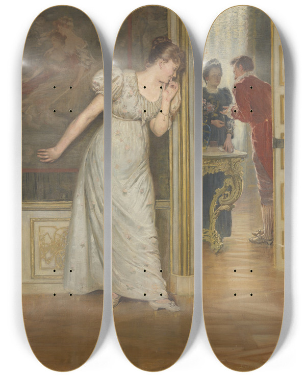 Triptych art skateboard deck of Andor Dudits Courting by Andor Dudits (1866-1944)