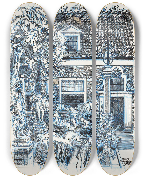 Triptych art skateboard deck of Martin Monnickendam Huis Te Edam Of Monnickendam by Martin Monnickendam (1874-1943)