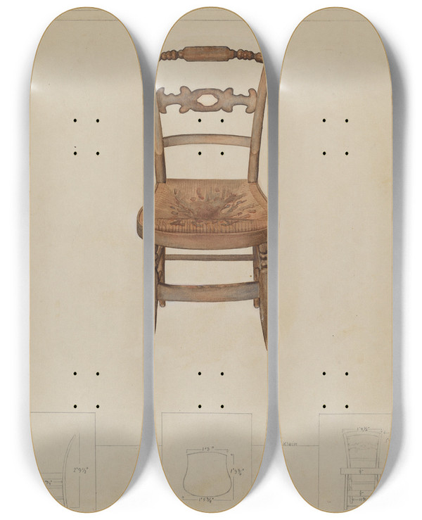 Triptych art skateboard deck of Samuel O Klein Rush Bottom Chair by Samuel O Klein