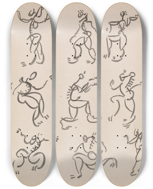Triptych art skateboard deck of Henri Gaudierbrzeska Nine Dancing Figures In Three Registers by Henri Gaudier-Brzeska (1891-1915)