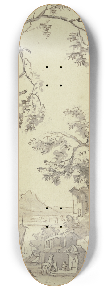 Isaac de Moucheron - Aussicht auf einen Fluss an welchem Gebude und ein Brunnen stehen, ein Reiter trnkt sein Pferd 8.25 inch art skate deck