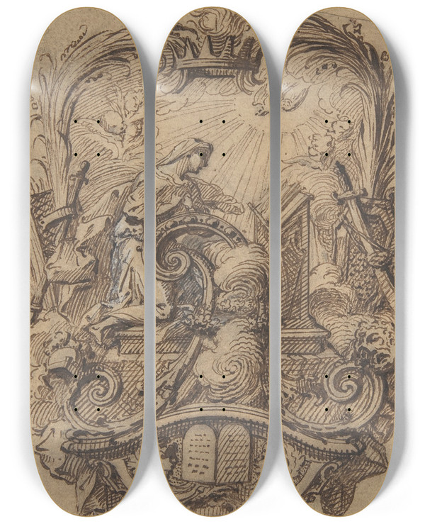 Triptych art skateboard deck of Gillesmarie Oppenord Study For A Decorated Initial A With The Annunciation by Gilles Marie Oppenord (1672-1742)