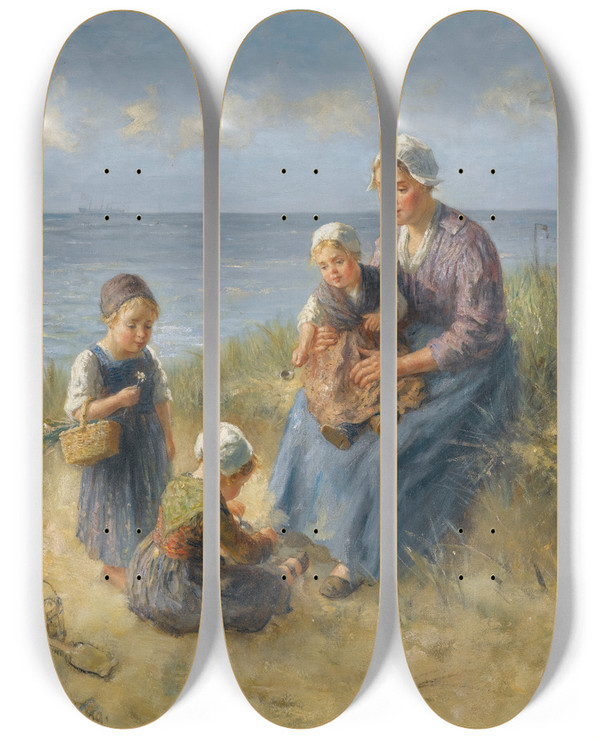 Triptych art skateboard deck of Bernard De Hoog At The Seaside by Bernard de Hoog (1867-1943)