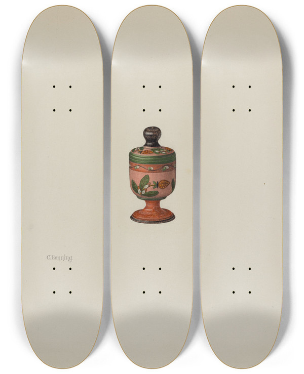Triptych art skateboard deck of Charles Henning Pa German Saffron Box by Charles Henning