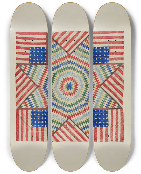 Triptych art skateboard deck of Fred Hassebrock Star And Flag Design Quilt by Fred Hassebrock