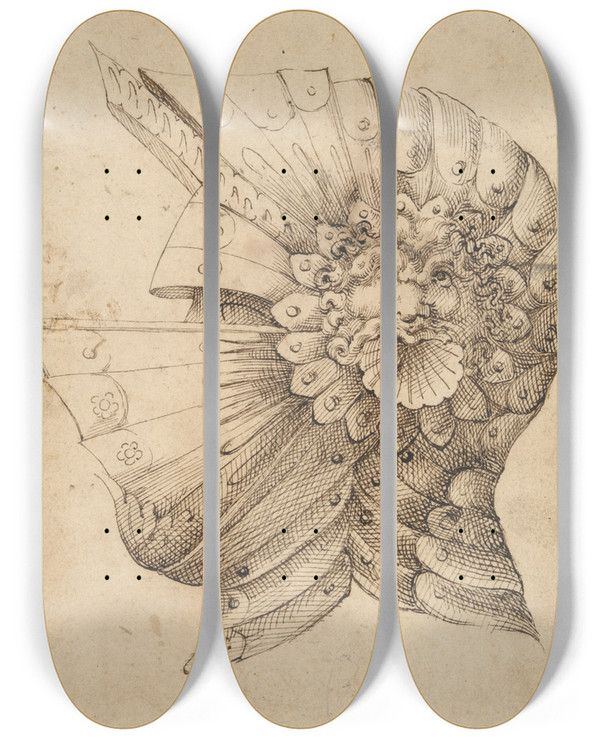 Triptych art skateboard deck of Circle Of Jacopo Strada Helmet by Circle Of Jacopo Strada (1507-1588)