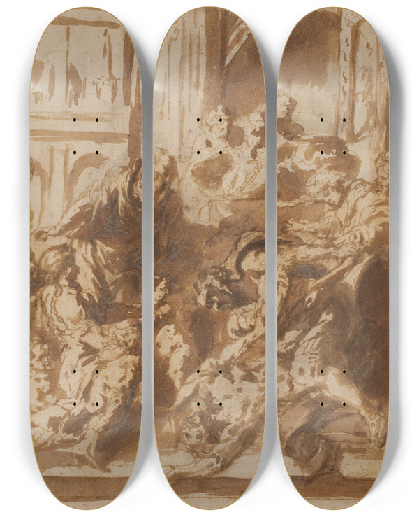 Triptych art skateboard deck of Jan Miel Den Hellige Erasmus Martyrium by Jan Miel (1599-1664)