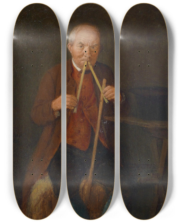 Triptych art skateboard deck of Michael Neder Der Fltenspieler by Michael Neder (1807-1882)