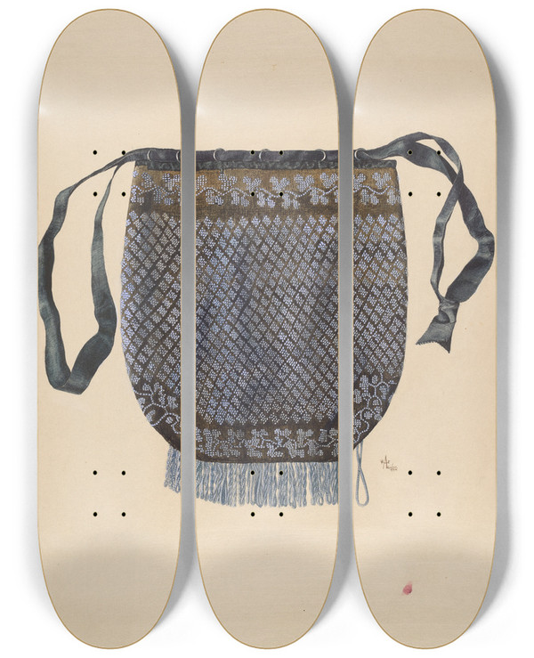 Triptych art skateboard deck of Ralph Atkinson Beaded Bag_1 by Ralph Atkinson (20-)