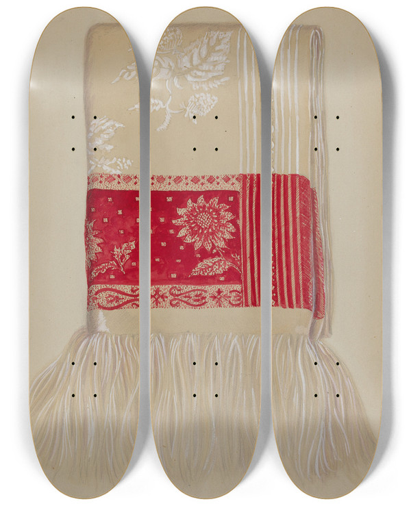 Triptych art skateboard deck of Eva Wilson Linen Red Border With Sunflower by Eva Wilson