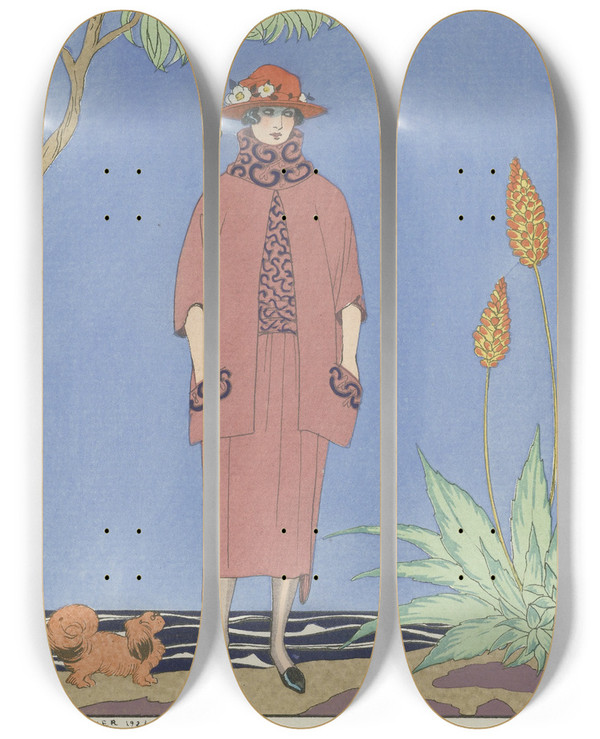 Triptych art skateboard deck of George Barbier A Palm Beach Tailleur De Worth by George Barbier (1882-1932)