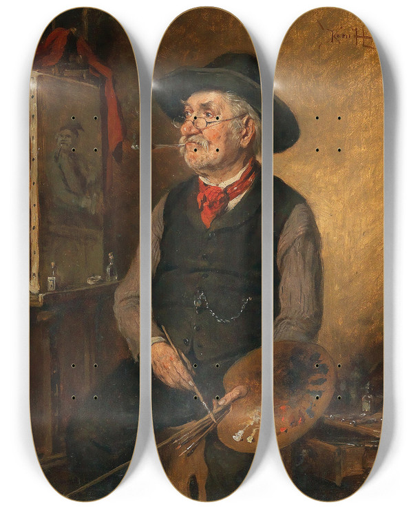 Triptych art skateboard deck of Hermann Kern A Painter At The Easel by Hermann Kern (1838-1912)