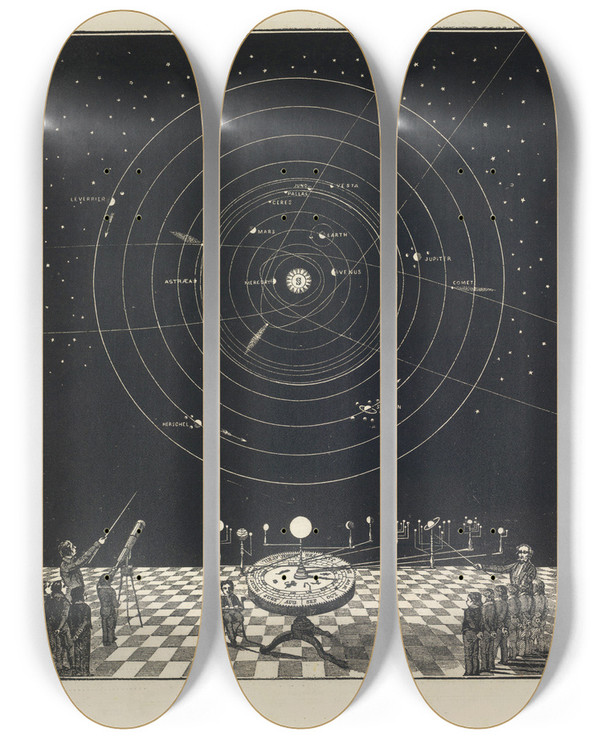 Triptych art skateboard deck of Asa Smith Orrery With A View Of The Solar System In The Back Ground by Asa Smith (19-)