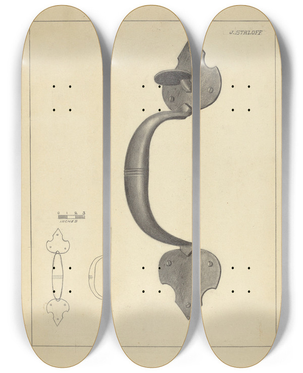 Triptych art skateboard deck of Jack Staloff Door Handle With Thumb Press_2 by Jack Staloff