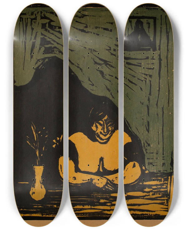 Triptych art skateboard deck of Edvard Munch The Fat Harlot by Edvard Munch (1863-1944)