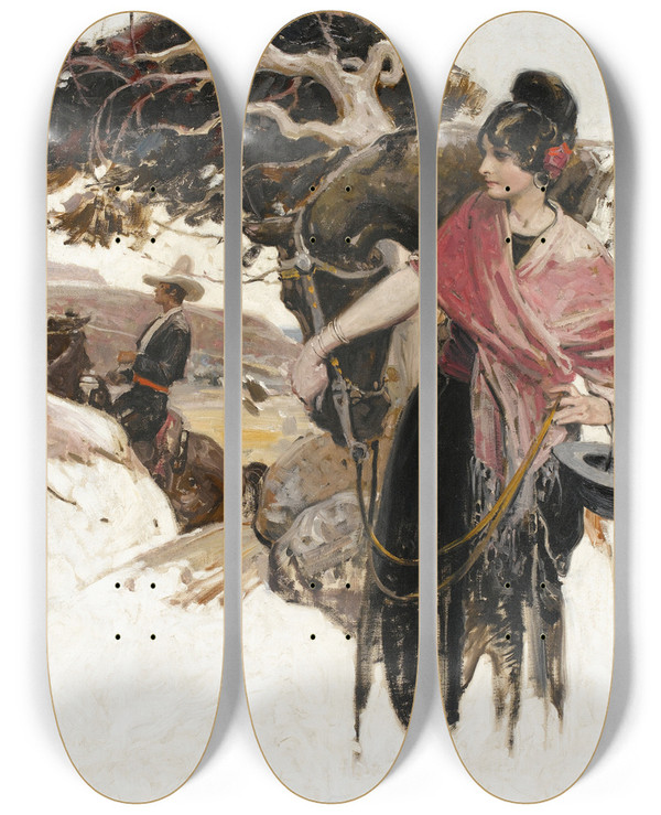 Triptych art skateboard deck of Herbert Morton Stoops The Doll House by Herbert Morton Stoops (1888-1948)